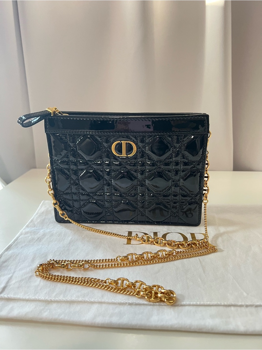Dior Black Patent Quilted Crossbody with Gold Chain Strap